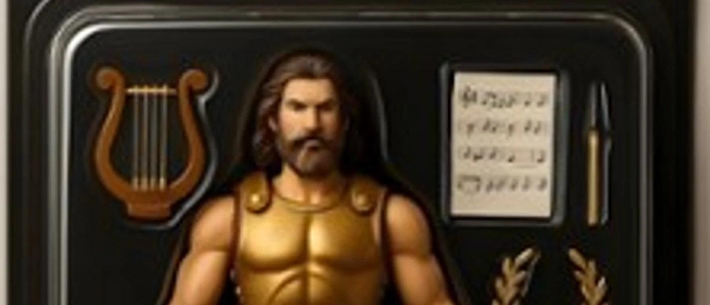 Actionfigur von Odysseus in Blisterverpackung mit antikem Zubehör, wie Lyra und Lorbeerkranz.