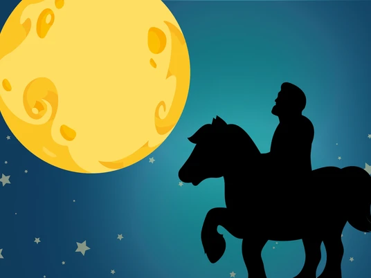 Kulturnacht-Blanco.jpg Silhouette eines Reiters auf einem Pferd vor großem gelben Mond und nächtlichem Sternenhimmel