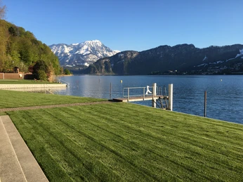 Wiese der Winkelbadi Horw Wiese in der Winkelbadi Horw, mit Blick auf See und BergeMeadow at the Winkelbadi Horw, with a view of the lake and mountainsPré dans le Winkelbadi Horw, avec vue sur le lac et les montagnes