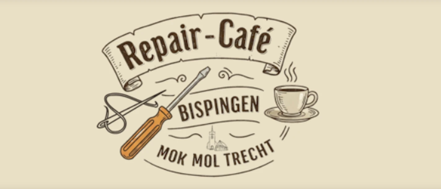 Repair Cafe.png Logo des Repair-Cafés Bispingen mit Schraubendreher, Kaffeetasse und dem Schriftzug „Mok mol trecht“