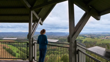 Vrouw leunt tegen een reling en kijkt uit over een landelijk landschap vanaf een overdekt uitkijkpunt.