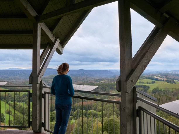 Vrouw leunt tegen een reling en kijkt uit over een landelijk landschap vanaf een overdekt uitkijkpunt.