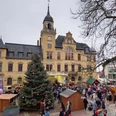 Weihnachtsmarkt Bad Lausick - Weihnachten in der Region Leipzig Großer Tannenbaum auf dem Weihnachtsmarkt vor historischem Rathaus in Bad Lausick.