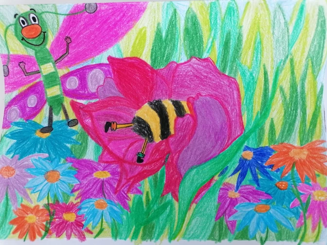 Bibbi die Biene trifft auf Heuschrecke