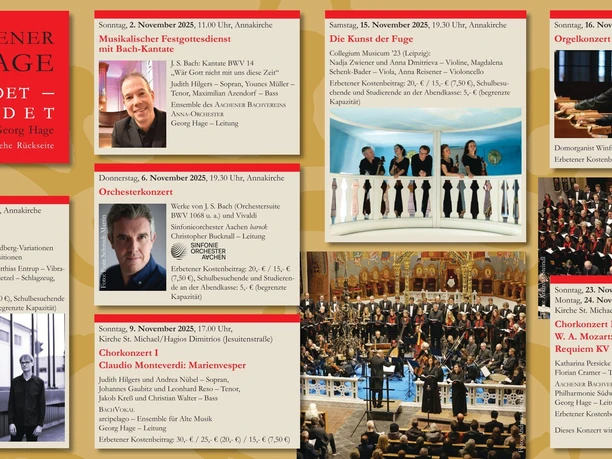 Programmübersicht der 52. Aachener Bachtage 2025 mit Musikevents, Künstlern und Terminen.