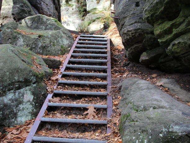 IJzeren ladder tussen grote rotsblokken in het herfstbos.