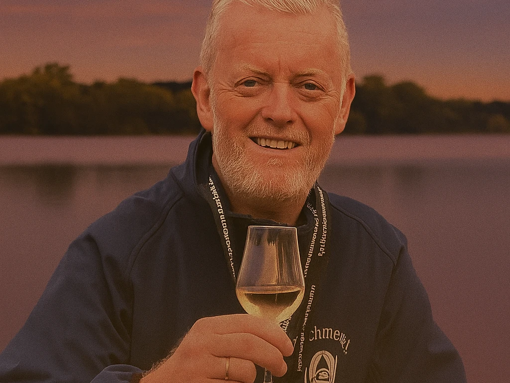 1000139907.png Mann mit Weinglas am Ufer eines Sees bei Sonnenuntergang, Schriftzug Dämmerschoppen Bad Zwischenahn.