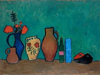 KSC_GUN_Best of II_Münter_Stilleben_1908-09.jpg Stillleben von Gabriele Münter mit Vasen, Flaschen und Blumen auf grünem Hintergrund, 1908-09.Still life by Gabriele Münter with vases, bottles and flowers on a green background, 1908-09.Zátiší Gabriele Münterové s vázami, lahvemi a květinami na zeleném pozadí, 1908-09.Martwa natura Gabriele Münter z wazonami, butelkami i kwiatami na zielonym tle, 1908-09.Stilleven van Gabriele Münter met vazen, flessen en bloemen op een groene achtergrond, 1908-09.Natura morta di Gabriele Münter con vasi, bottiglie e fiori su sfondo verde, 1908-09.