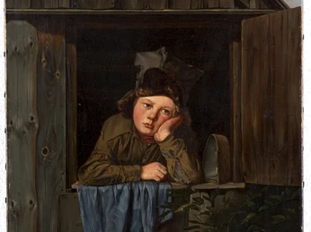 7-KSC-SBM-Bergjunge 1850_Kunstsammlungen Zwickau.jpg Ein Junge lehnt träumerisch aus einem Fenster in einer Holzhütte und stützt den Kopf auf die Hand.A boy leans dreamily out of a window in a wooden hut and rests his head on his hand.Chlapec se zasněně vykloní z okna dřevěné chaty a opře si hlavu o ruku.Chłopiec wychyla się sennie przez okno drewnianej chaty i opiera głowę na dłoni.Een jongen leunt dromerig uit het raam van een houten hut en laat zijn hoofd op zijn hand rusten.Un ragazzo si sporge sognante dalla finestra di una capanna di legno e appoggia la testa sulla mano.