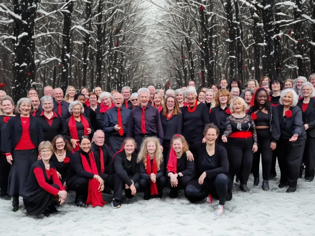 Rastede Gospel Choir.png Große fröhliche Chorgruppe in Schwarz und Rot posiert im verschneiten Wald mit kahlen Bäumen.