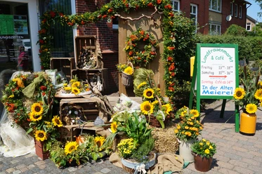 LandfrauenMarkt Ihlienworth Bunte Blumenarrangements mit Sonnenblumen vor dem Eingang des Landfrauenmarkts und Cafés.