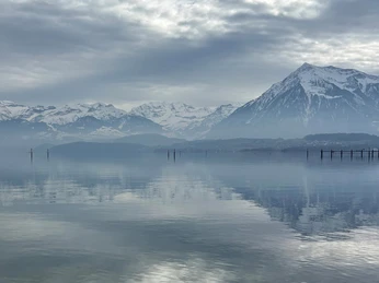 Aussicht auf den Thunersee mit verschneiten Berggipfeln und dedecktem Himmel