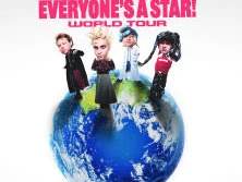 Vier stilisierte Figuren stehen auf einer Erdkugel unter dem Titel Everyone's A Star World Tour