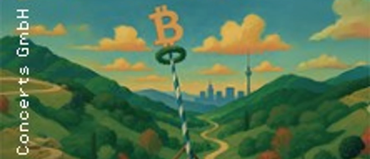 Malerische Darstellung eines alpenländischen Maibaumtanzes mit Bitcoin-Symbol in Berglandschaft.
