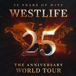 Cover der "Westlife 25th Anniversary World Tour" mit glühender Weltkarte im Hintergrund.