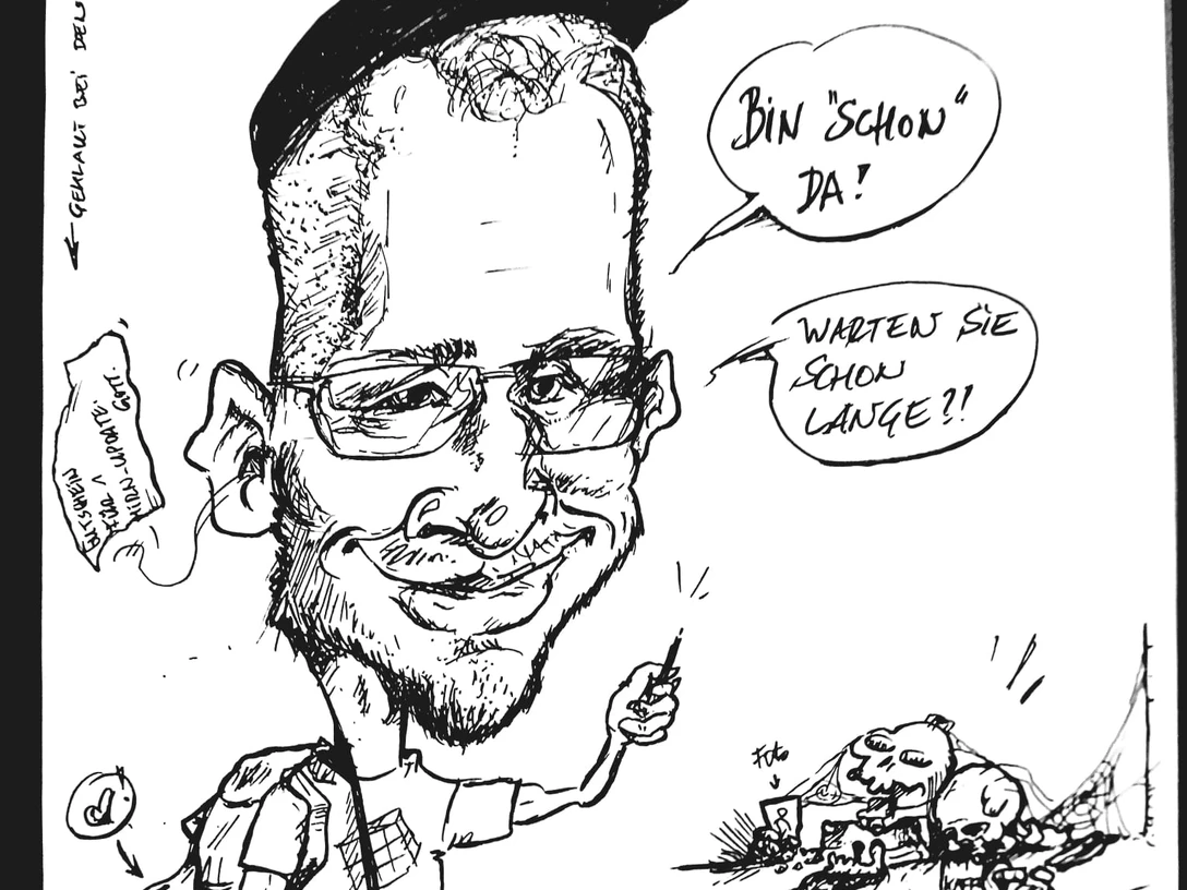 Comic Zeichnen Karikatur eines wandernden Mannes mit Rucksack und Stift, der lachend „Bin schon da!“ ruft.