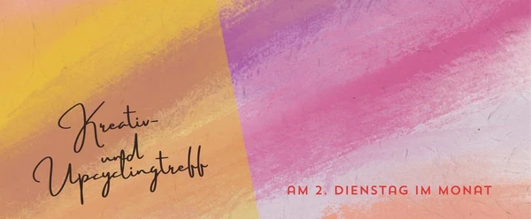 Kreativ-und-Upcyclingtreff Buntes Plakat mit Farbverlauf in Gelb, Rosa und Lila und der Aufschrift „Kreativ- und Upcyclingtreff“.