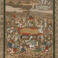 Buddha's entry into Perfect Nirvana Ein historisches Kunstwerk zeigt Buddhas Eintritt ins vollkommene Nirwana, umgeben von Gläubigen und Natur.A historical work of art shows Buddha's entry into perfect nirvana, surrounded by believers and nature.