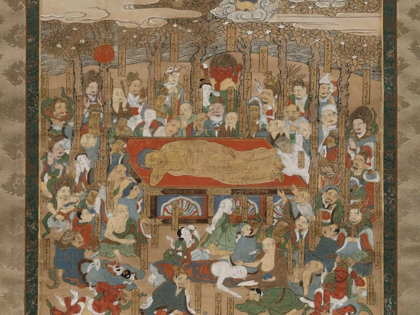 Buddha's entry into Perfect Nirvana A historical work of art shows Buddha's entry into perfect nirvana, surrounded by believers and nature.