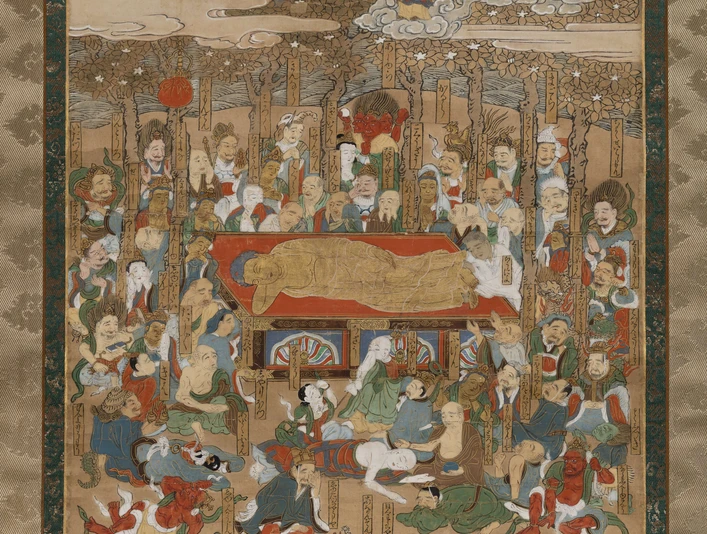 Buddhas Eintritt ins Vollkommene Nirvana Ein historisches Kunstwerk zeigt Buddhas Eintritt ins vollkommene Nirwana, umgeben von Gläubigen und Natur.A historical work of art shows Buddha's entry into perfect nirvana, surrounded by believers and nature.