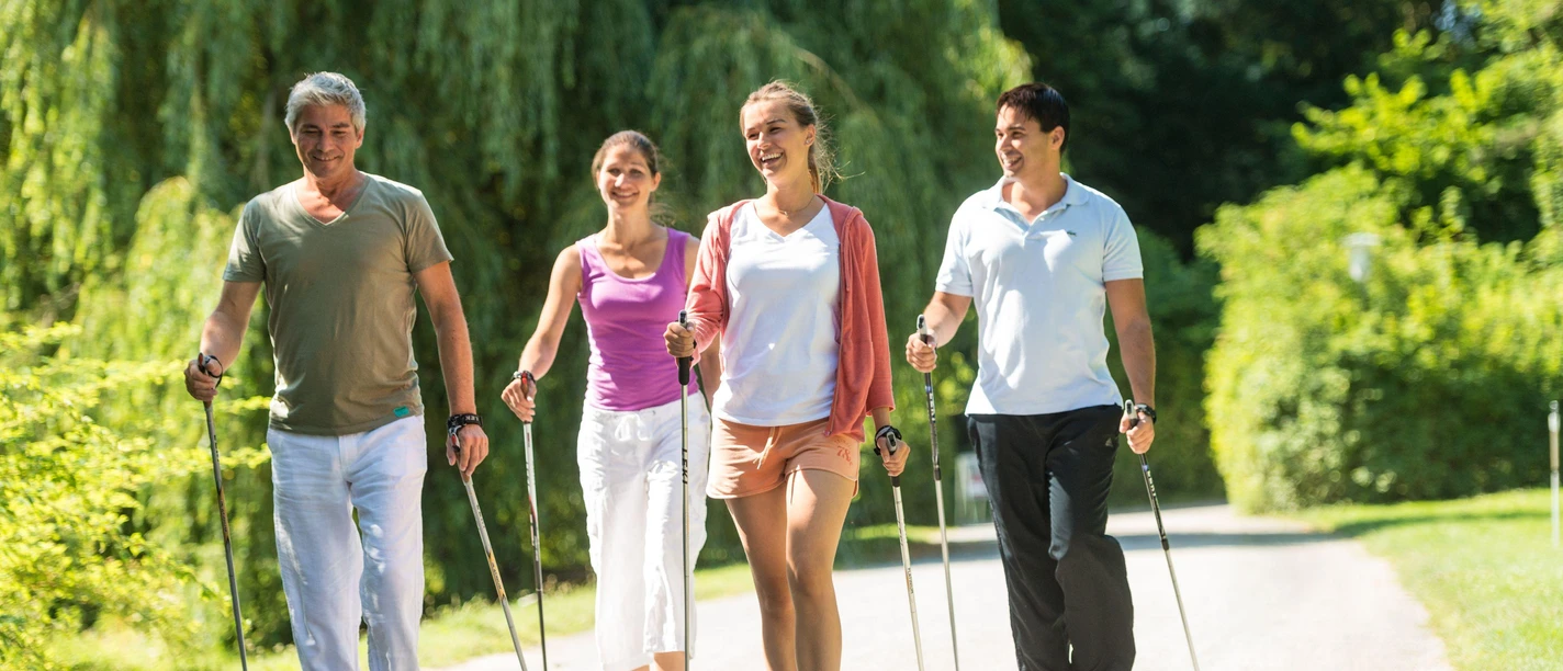 Vier Personen beim Nordic Walking auf einem sonnigen Weg im Grünen