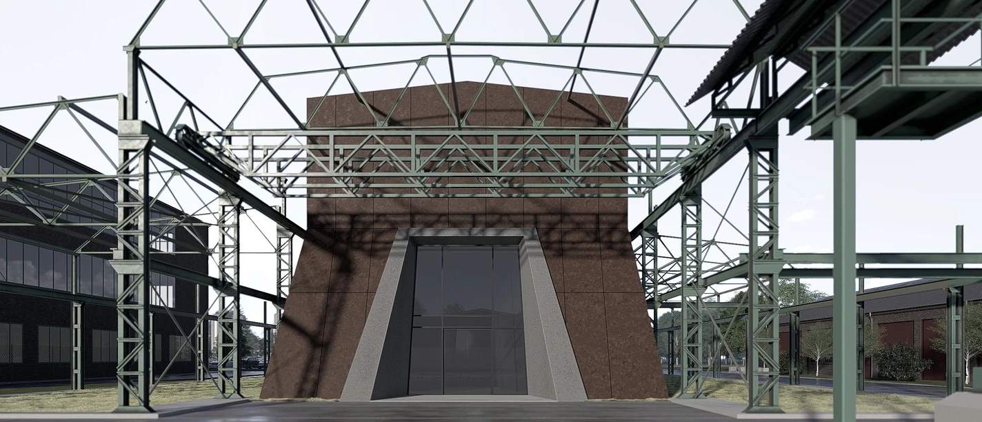 PURPLE PATH_Turrell_Halle_Visualisierung_1 (c) H2 ARCHITEKTUR by hendrik heine.jpg Visualisierung einer modernen Halle mit einer markanten, geometrischen Stahlkonstruktion.