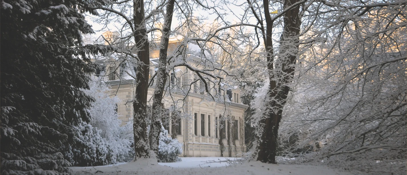 Das Palais im Winter Historisches Herrenhaus hinter schneebedeckten Bäumen in winterlicher Abendstimmung