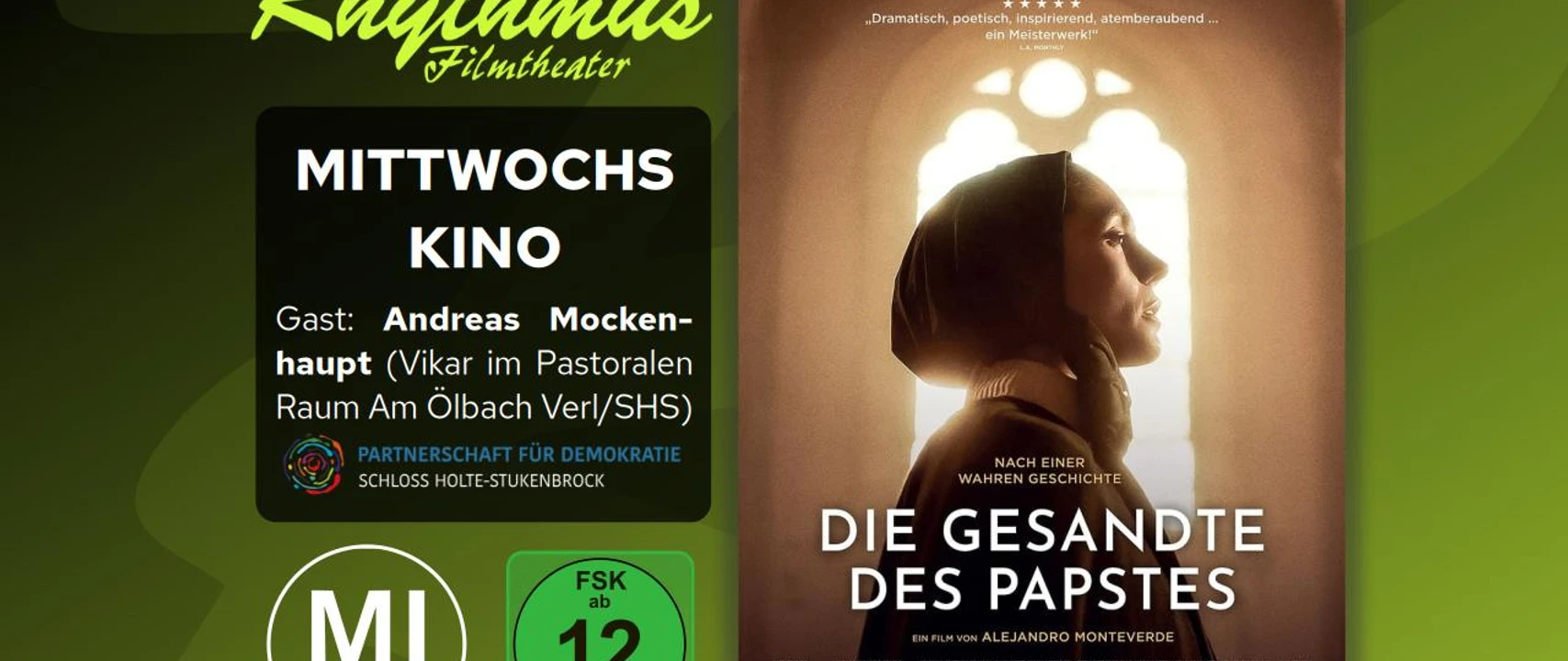 Filmplakat zu „Die Gesandte des Papstes“ mit Porträt einer Frau im Profil vor hellem Fensterlicht.