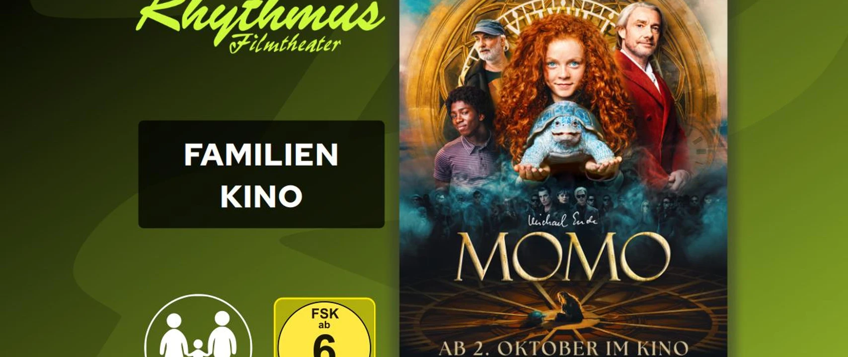 filmplakat-momo.jpg Filmplakat „Momo“ mit Hauptfigur, Freunden und Schildkröte vor goldenem Uhrenhintergrund.
