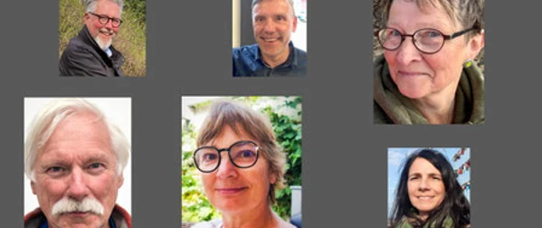 Künstler.jpg Sechs Personen lächeln. Sie schauen in die Kamera. Unterschiedliche Hintergründe sind sichtbar.