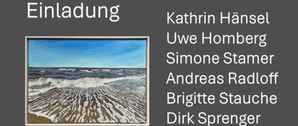 Titel.jpg Grauer Hintergrund mit Text Einladung und sechs Namen, daneben ein Bild mit Meer und Wellen.