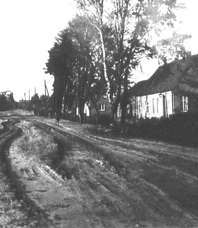 Ausstellung Sö00004.jpeg Schwarzweißfoto einer unbefestigten Landstraße mit Bäumen und alten Häusern am Straßenrand.