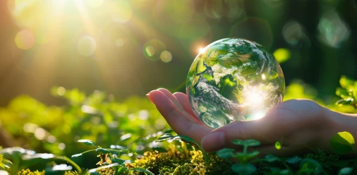 KiWiMedia_Webcode_23567892_Tung Lam _ pixabay.com_2025-11-04.jpg Hand hält gläserne Erdkugel über grünem Moos im Sonnenlicht als Symbol für Umweltschutz und Natur.