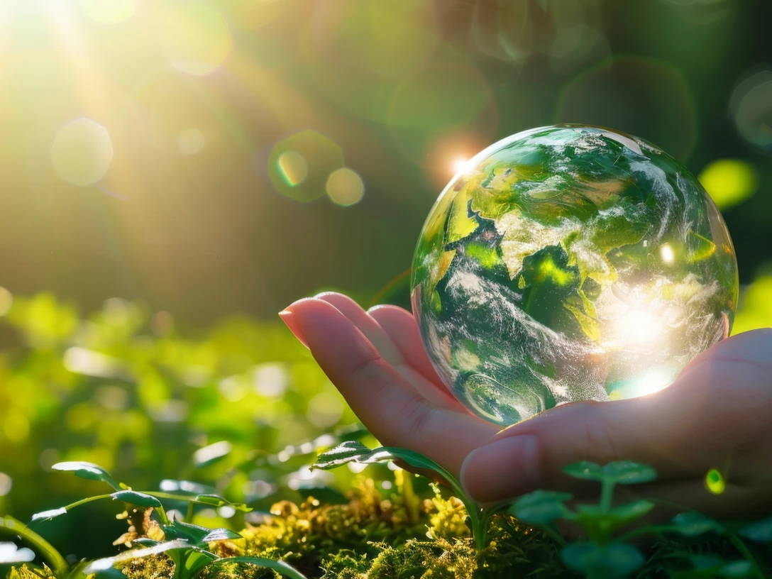 KiWiMedia_Webcode_23567892_Tung Lam _ pixabay.com_2025-11-04.jpg Hand hält gläserne Erdkugel über grünem Moos im Sonnenlicht als Symbol für Umweltschutz und Natur.