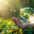KiWiMedia_Webcode_23567892_Tung Lam _ pixabay.com_2025-11-04.jpg Hand hält gläserne Erdkugel über grünem Moos im Sonnenlicht als Symbol für Umweltschutz und Natur.