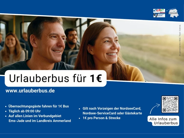 Urlauberbus Mehrere Personen sitzen in einem Bus, Blick aus dem Fenster auf eine Landschaft mit Feldern und Himmel.