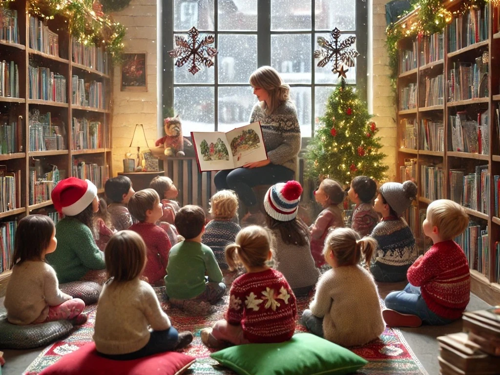 DALL·E 2025-11-04 13.10.02 - A photorealistic image of a cozy children's reading event in a library during the Advent season. A librarian or adult is sitting in a reading chair, r.jpeg