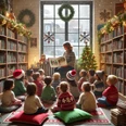 DALL·E 2025-11-04 13.10.02 - A photorealistic image of a cozy children's reading event in a library during the Advent season. A librarian or adult is sitting in a reading chair, r.jpeg