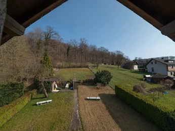 Ferienwohnung am Waldrand Blick ins Grüne Blick von der Ferienwohnung auf den Garten mit Sitzbank, Rasenflächen und angrenzendem Wald.