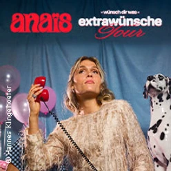 Woman posing with red phone beside a Dalmatian, balloons and bold tour text on a blue backdrop.