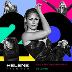 Helene Fischer auf Tourplakat, umgeben von dynamischen Bildern ihrer Auftritte.