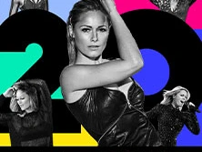 Helene Fischer auf Tourplakat, umgeben von dynamischen Bildern ihrer Auftritte.