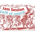 JamSession Kombüse Oberndorf Illustration tanzender Figuren mit Instrumenten und Schriftzug „Jam Session – Folk et cetera“