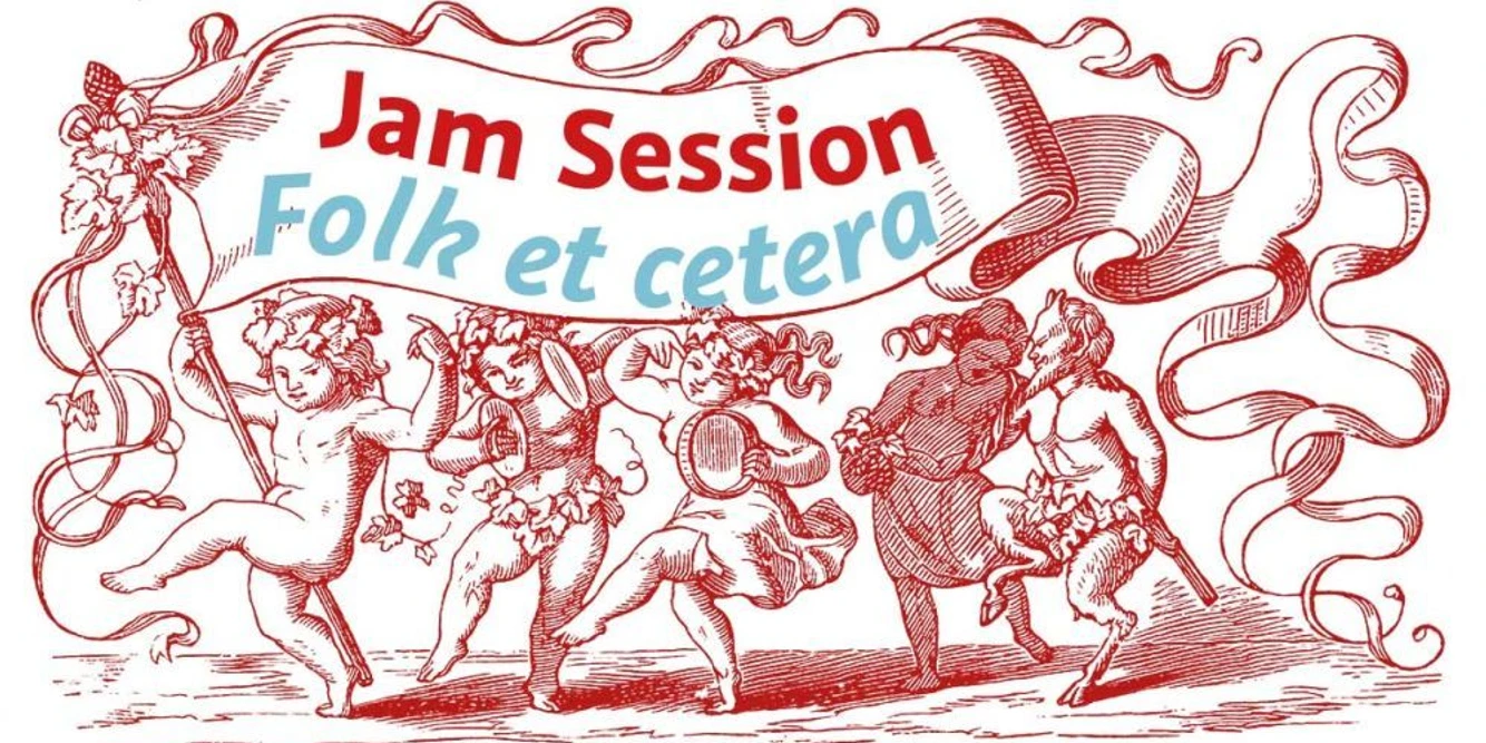 JamSession Kombüse Oberndorf Illustration tanzender Figuren mit Instrumenten und Schriftzug „Jam Session – Folk et cetera“