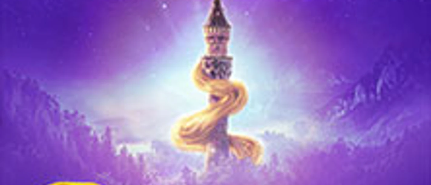 Rapunzelturm mit goldenem Haar vor violettem Himmel, Schriftzug des Musicals darunter.