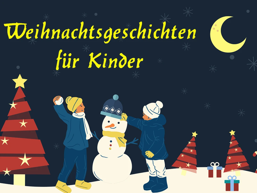 Weihnachtsgeschichten für Kinder.jpg Zwei Kinder bauen einen Schneemann. Im Hintergrund stehen Tannenbäume und Geschenke.