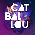 Farbenfrohes Logo der Band Cat Ballou mit stilisierten Buchstaben auf violettem Hintergrund.