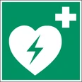 Defibrillator Grünes Defibrillator-Symbol mit Blitz im Herz. Es hilft bei Notfällen.