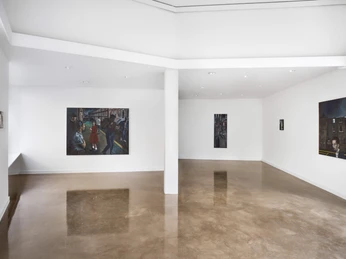 Installation view of Laurie Smith, Brick boys, at Gathering Cologne, 2025. Courtesy of the artist and Gathering. Photo Ollie Hammick.jpg Ein minimalistischer Raum zeigt Werke von Laurie Smith, darunter großformatige Gemälde an weißen Wänden.A minimalist room displays works by Laurie Smith, including large-format paintings on white walls.