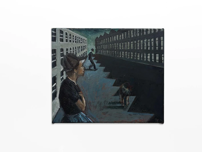 Laurie Smith, Private Rituals, 2025. Oil on Canvas. Courtesy of Gathering and the artist. Photo Ollie Hammick.jpg Person in urbaner Umgebung mit Hund, Eindrücke von Ruhe und Reflexion.Person in urban environment with dog, impressions of calm and reflection.